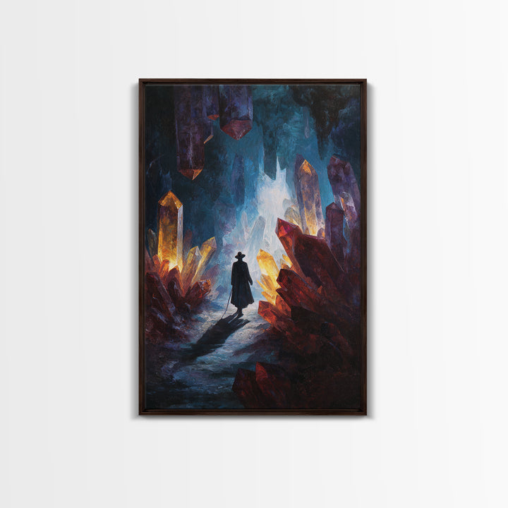 Glowing Crystal Cave Explorer Canvas Print, Fantasy Wall Art, Mystical Gemstone Cavern, Dark Academia Home Decor Gift For Him