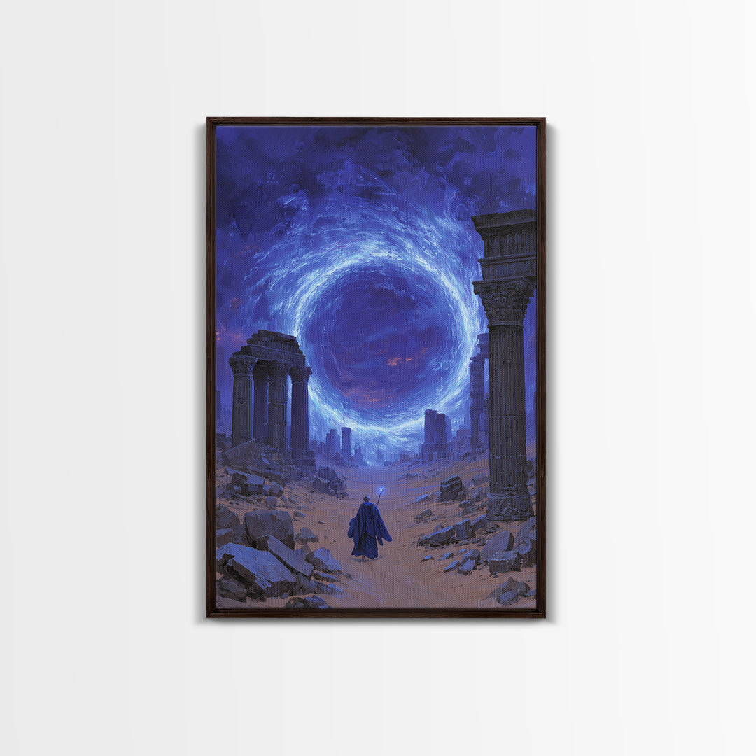 Ancient Ruins Blue Portal Canvas Print, Fantasy Wall Art, Magical Desert Landscape, Wizard Decor, Surreal Home Decor Gift