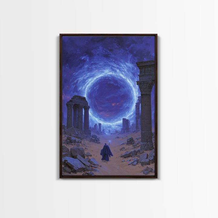 Ancient Ruins Blue Portal Canvas Print, Fantasy Wall Art, Magical Desert Landscape, Wizard Decor, Surreal Home Decor Gift