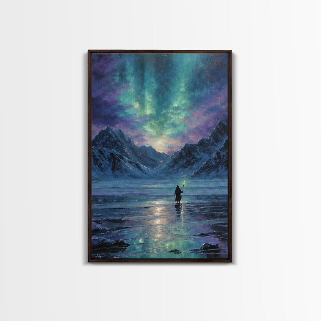 Northern Lights Mountain Lake Canvas Print, Aurora Wall Art, Fantasy Landscape Painting, Nordic Decor, Calming Home Decor Gift