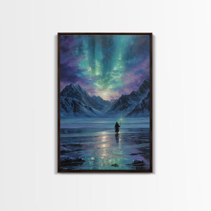 Northern Lights Mountain Lake Canvas Print, Aurora Wall Art, Fantasy Landscape Painting, Nordic Decor, Calming Home Decor Gift