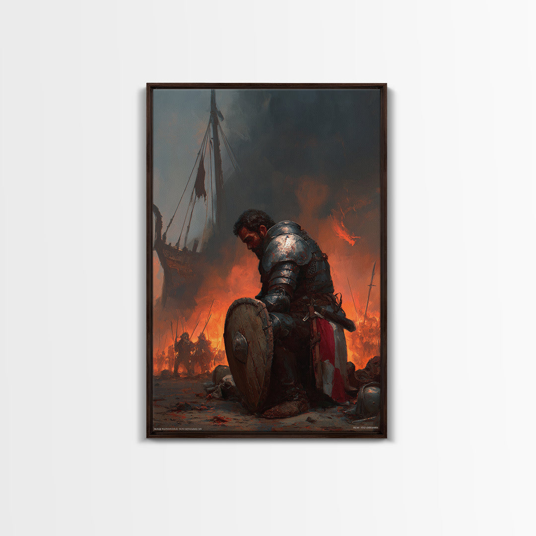 Kneeling Armored Warrior Canvas Print, Dark Fantasy Wall Art, Medieval Battle Scene, Viking Decor, Gift For Him Home Decor