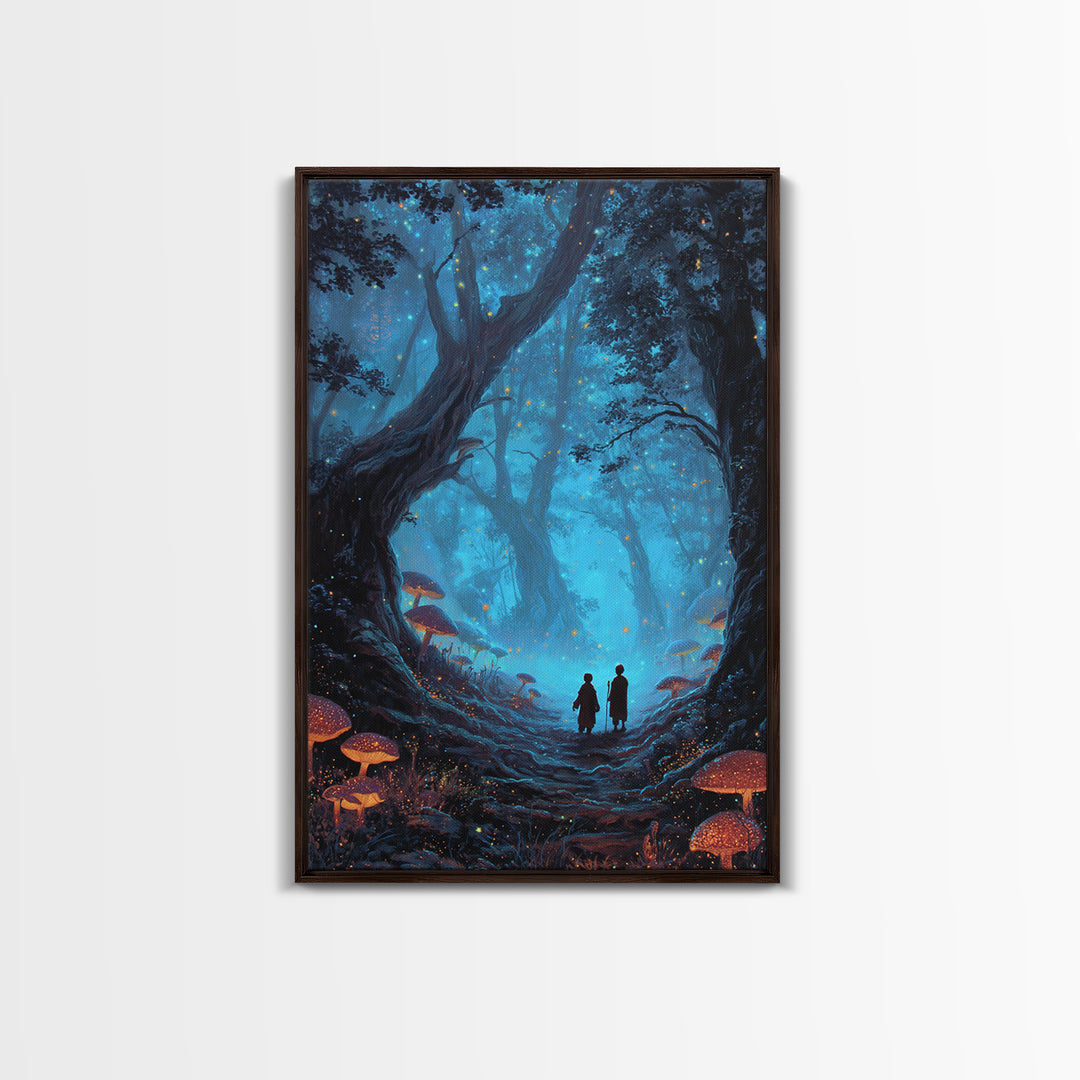 Enchanted Blue Mushroom Forest Wall Art Magical Fantasy Canvas Print For Bedroom Decor, Whimsical Fairy Tale Gift For Her