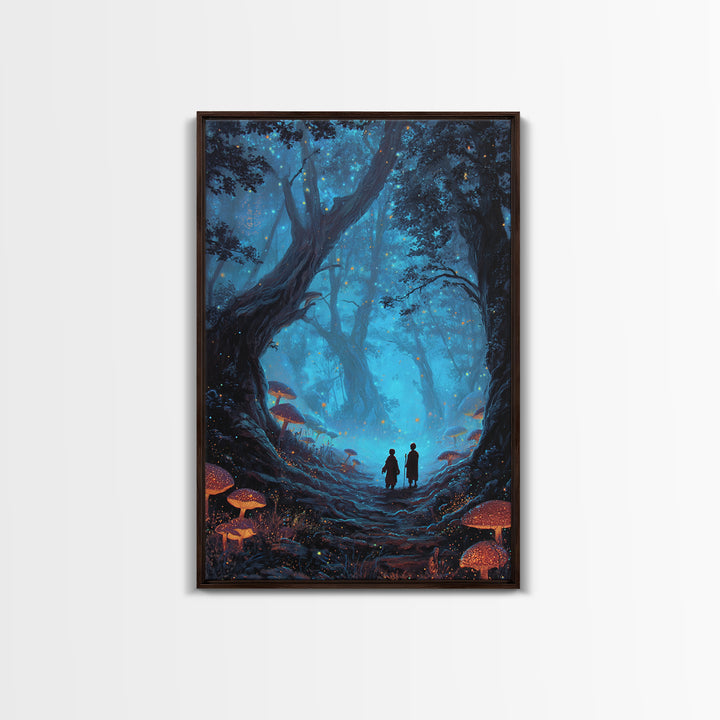 Enchanted Blue Mushroom Forest Wall Art Magical Fantasy Canvas Print For Bedroom Decor, Whimsical Fairy Tale Gift For Her