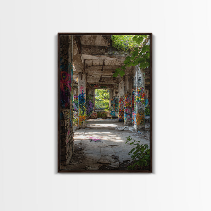 Sunlit Abandoned Graffiti Building Wall Art Urban Decay Photography Print, Industrial Office Decor For Modern Lofts Gift