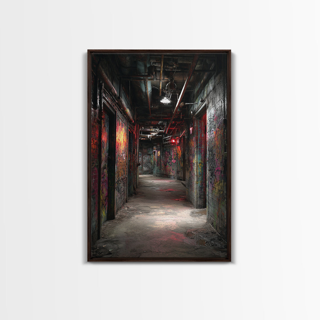 Dark Graffiti Tunnel Wall Art Urban Street Photography Print, Industrial Corridor Decor For Office Or Man Cave Gift Idea