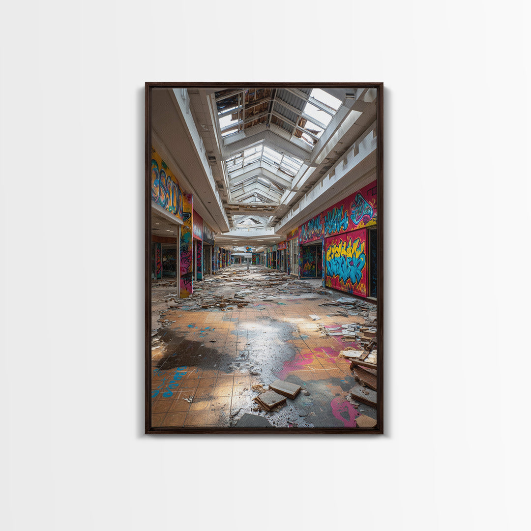 Abandoned Mall Atrium With Graffiti Wall Art Urban Decay Photography Print, Modern Industrial Decor For Loft Living Room