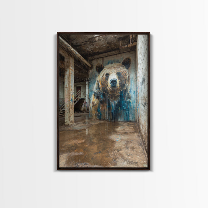 Realistic Bear Mural In Industrial Ruins Wall Art Urban Wildlife Canvas Print, Rustic Animal Decor For Cabin Or Office Gift