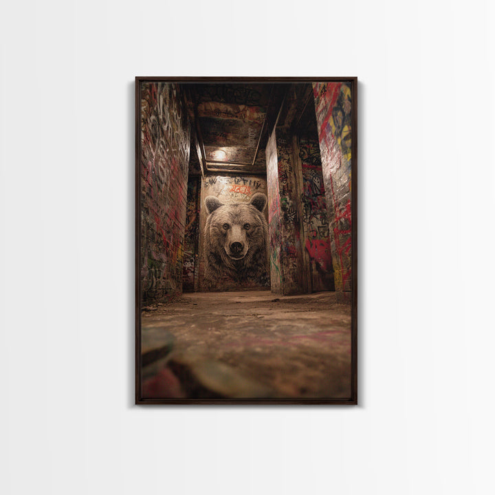 Moody Bear Portrait Graffiti Tunnel Wall Art Urban Wildlife Canvas Print, Dark Industrial Decor For Man Cave Or Office Gift