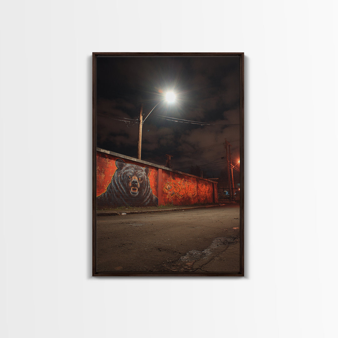 Night Street Bear Graffiti Wall Art Urban Wildlife Canvas Print, Red Brick Mural Decor For Man Cave Or Industrial Office