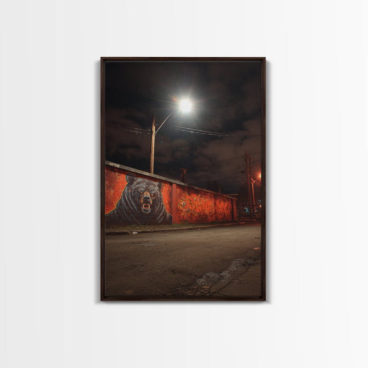 Night Street Bear Graffiti Wall Art Urban Wildlife Canvas Print, Red Brick Mural Decor For Man Cave Or Industrial Office