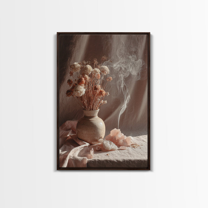 Dried Flowers With Incense Smoke Framed Canvas Print, Boho Wall Art, Rose Quartz Decor, Spiritual Bedroom Wall Decor Gift