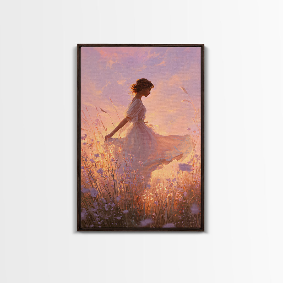 Sunset Meadow Woman In White Dress Wall Art, Romantic Wildflower Canvas Print, Feminine Bedroom Decor, Living Room Decor, Gift For Her