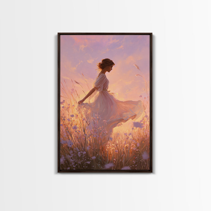 Sunset Meadow Woman In White Dress Wall Art, Romantic Wildflower Canvas Print, Feminine Bedroom Decor, Living Room Decor, Gift For Her