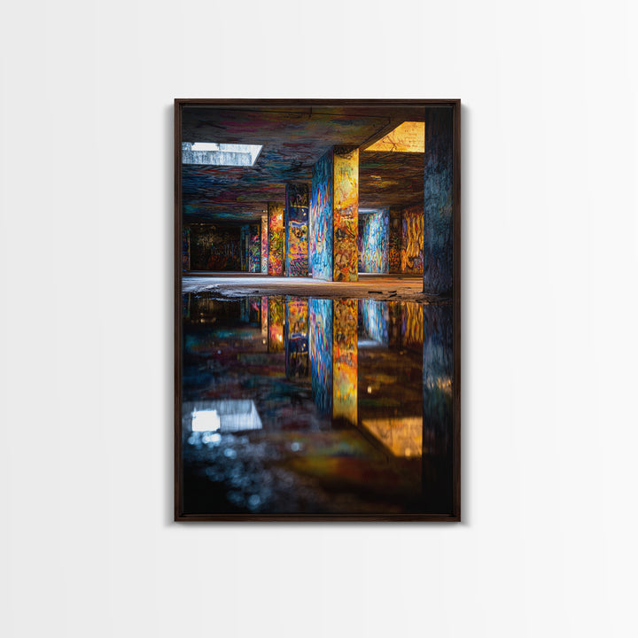 Colorful Graffiti Art With Reflections In Urban Underground Tunnel Wall Art Framed Canvas Print