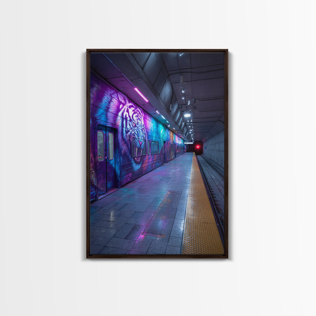 Vibrant Street Art Subway Train With Colorful Tiger Graffiti Framed Canvas Print Urban Wall Art For Modern Home