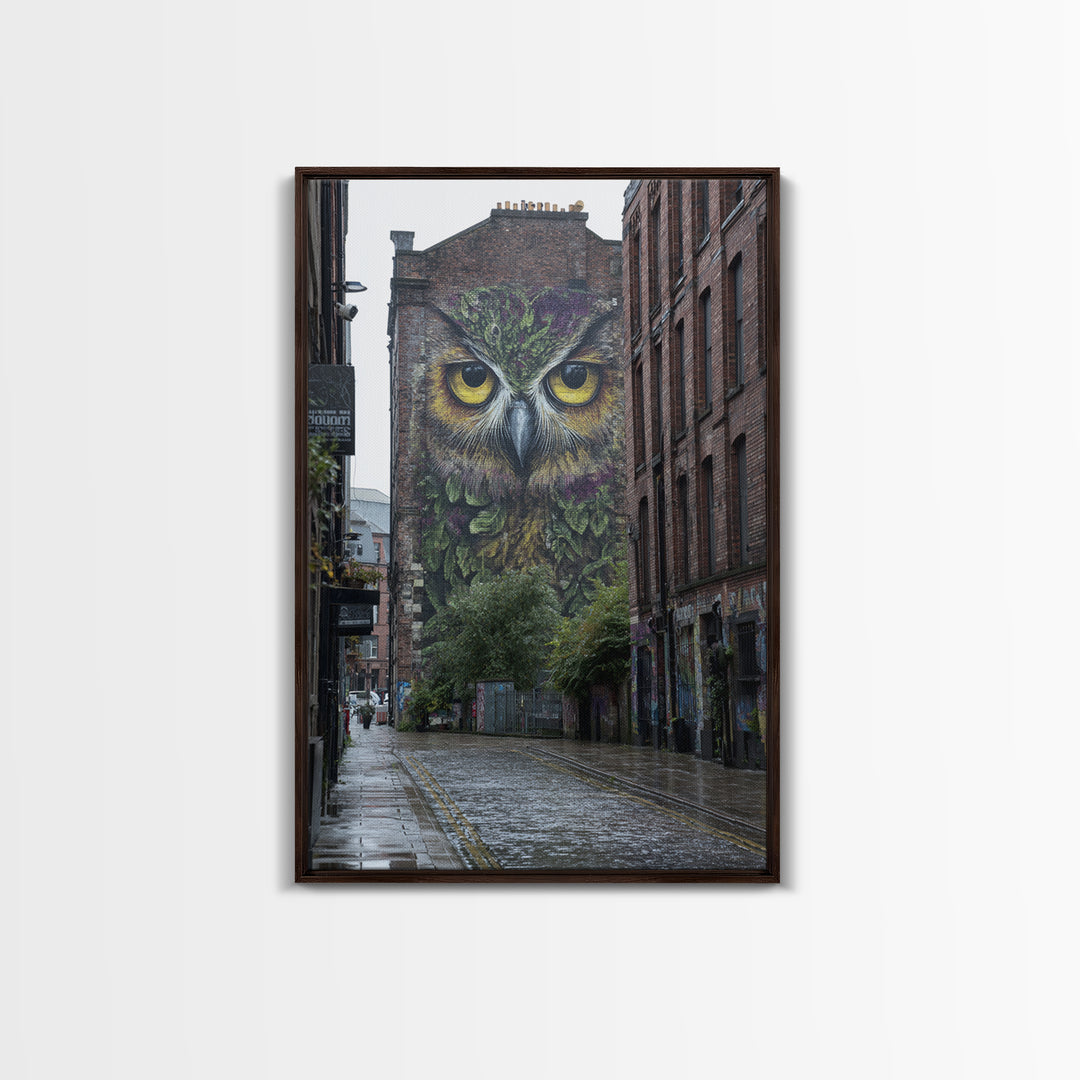 Large Vibrant Owl Mural Painted On Brick Building Wall In City Street - Original Wall Art Canvas Print For Urban Decor