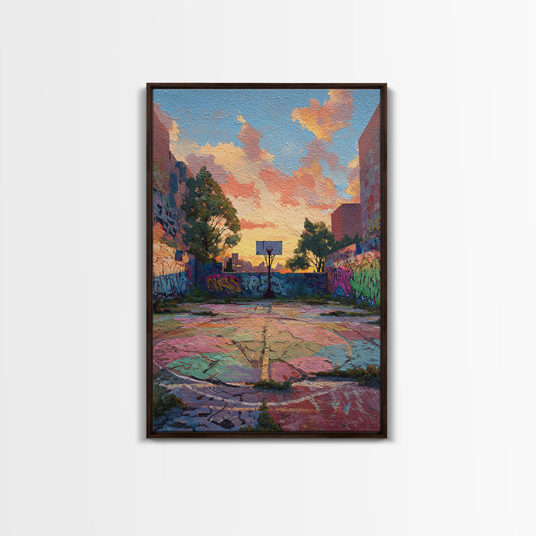 Urban Graffiti Basketball Court Sunset Colorful Street Art Canvas Print Vibrant Wall Art For Modern Living Room