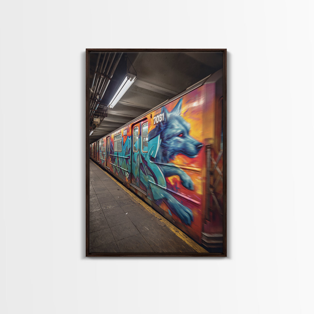 Graffiti Art Subway Train With Blue Dog Design Urban Street Art Canvas Print For Unique Contemporary Wall Decor