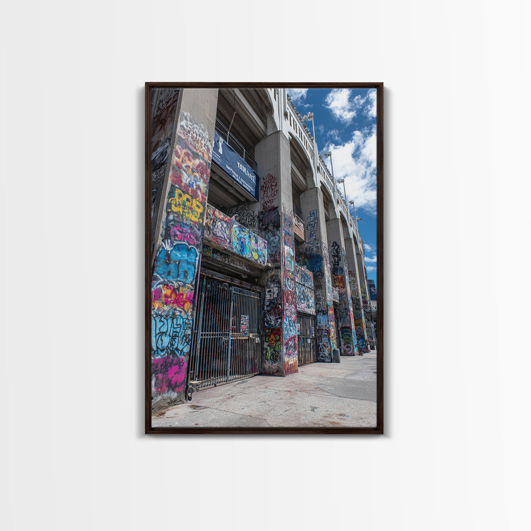 Abandoned Urban Street Art Graffiti Wall With Blue Sky | Vibrant Modern Wall Art Print For Home Decor Framed Canvas Print