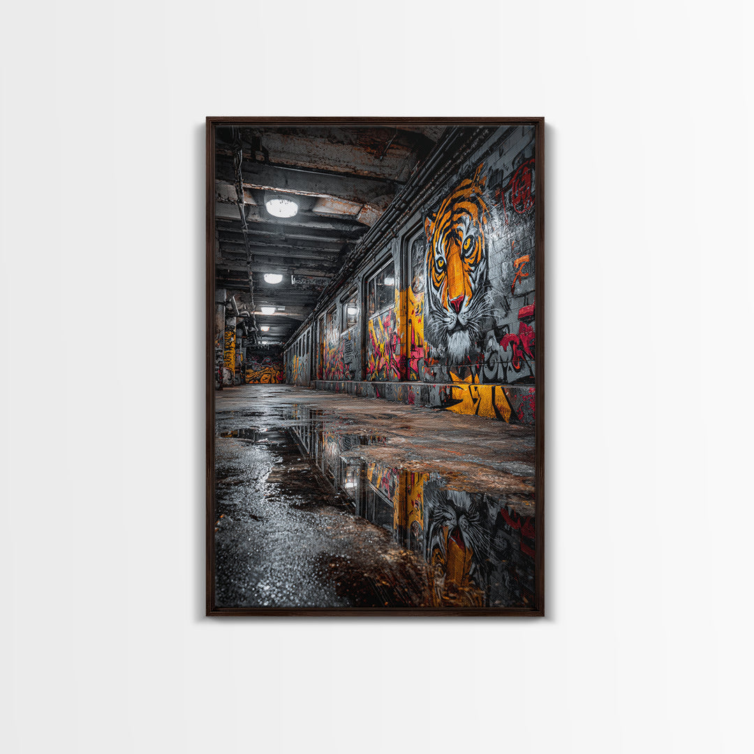 Urban Subway Corridor With Tiger Graffiti Art Moody Street Art Wall Decor - Canvas Print For Industrial Loft And Urban Spaces
