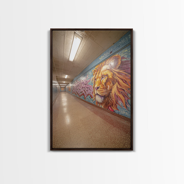 Artistic Lion Mural In City Tunnel Hallway Urban Street Art Decor | Vibrant Wall Art Print For Home Or Office Framed Canvas