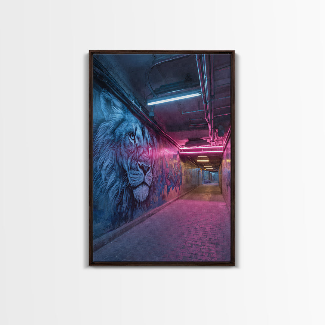 Vibrant Neon Alleyway Street Art With Majestic Lion Mural Wall Art Framed Canvas Print For Urban Home Decor