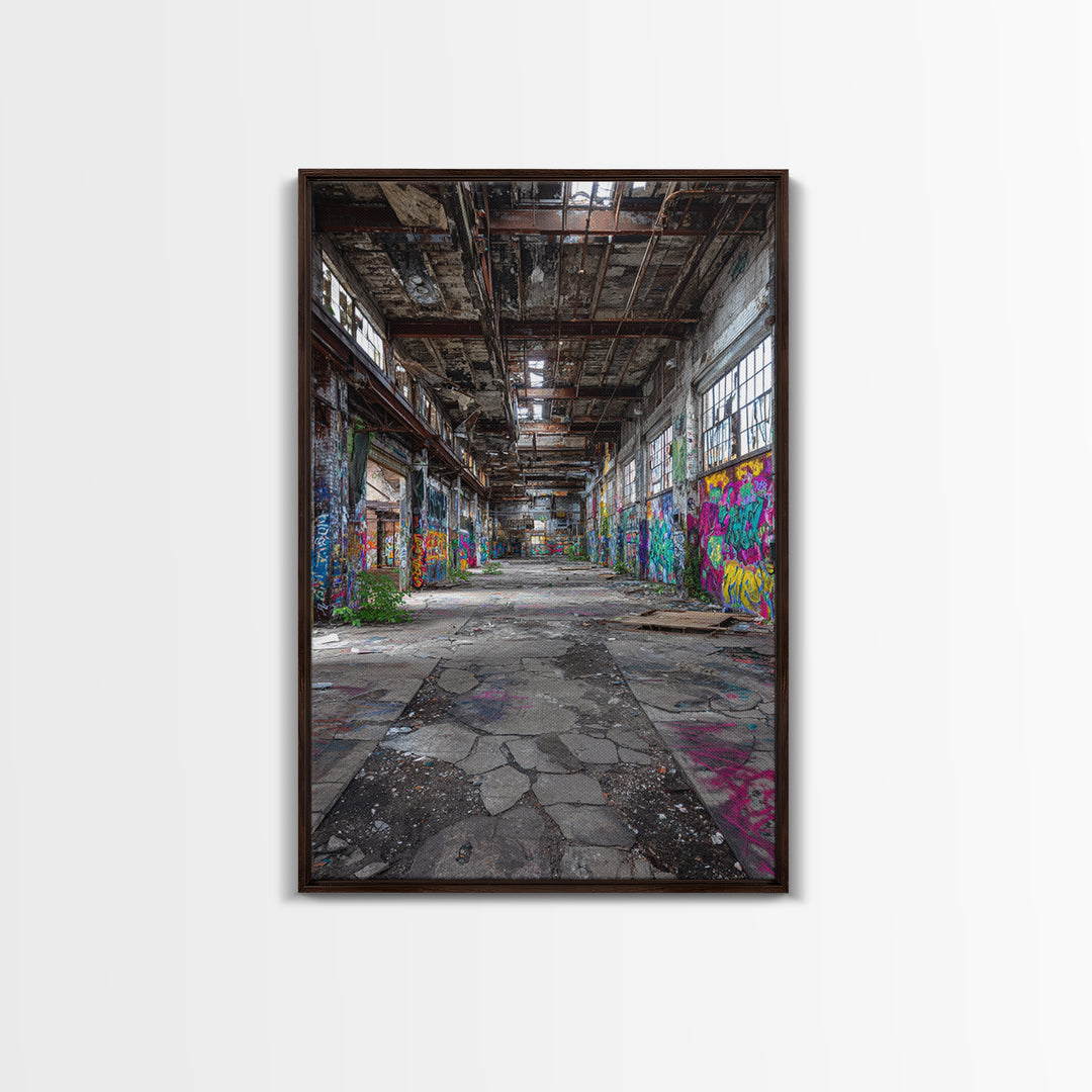 Vibrant Urban Graffiti In Abandoned Warehouse Wall Art Decor Framed Canvas Print For Modern Home Decor