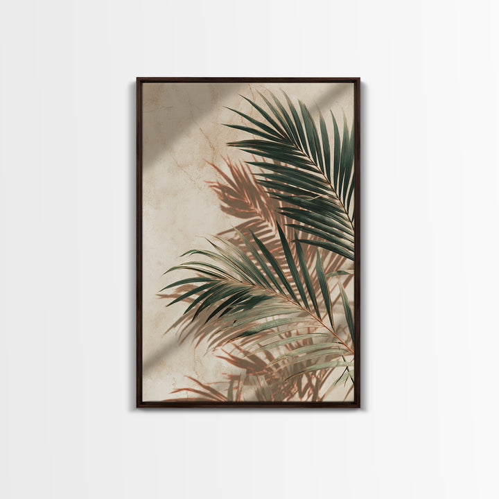 Palm Frond Shadow Botanical Wall Art, Tropical Leaf Canvas Print, Coastal Beige Modern Home Decor For Living Room Bedroom Wall Decor