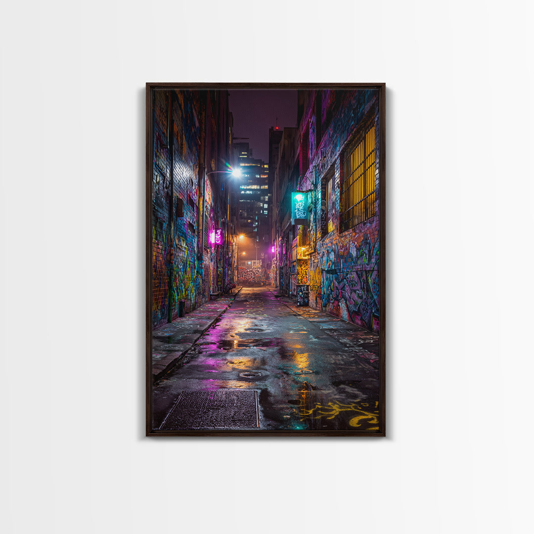 Neon Lit Graffiti Covered Alleyway Night Scene Urban Wall Art Modern Canvas Print For Eclectic Home And Office Decor