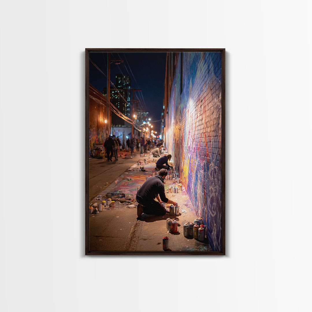 Nighttime Street Artist Painting Bright Graffiti Mural On City Wall - Colorful Wall Art Framed Canvas Print For Home