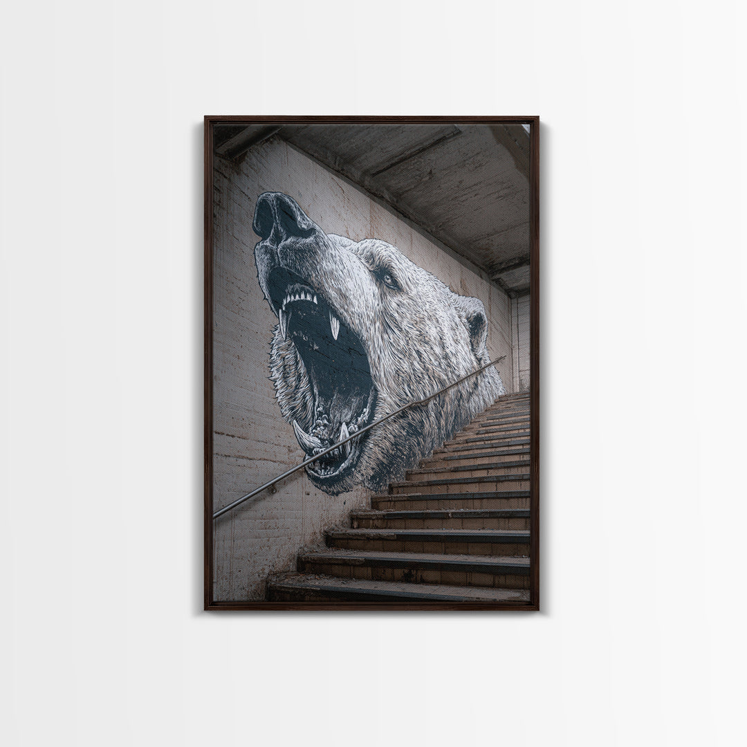 Striking Bear Mural Street Art On Staircase Wall Art Urban Canvas Print Vibrant Outdoor Wall Decor