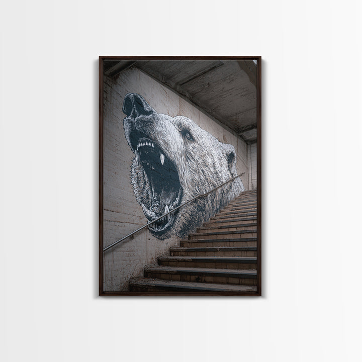Striking Bear Mural Street Art On Staircase Wall Art Urban Canvas Print Vibrant Outdoor Wall Decor