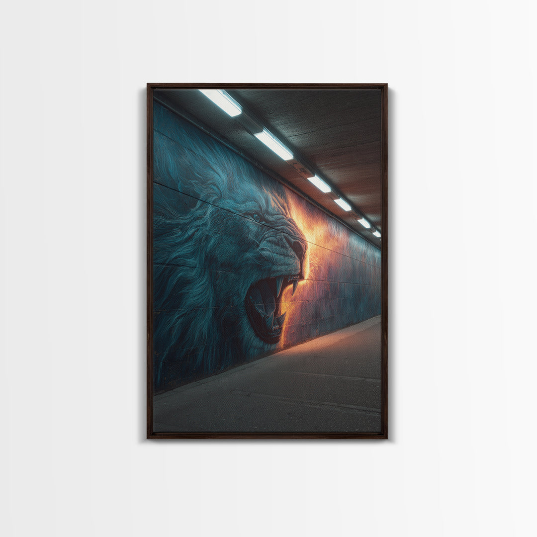 Roaring Lion Graffiti Street Art Mural With Dramatic Lighting Urban Wall Art Canvas Print