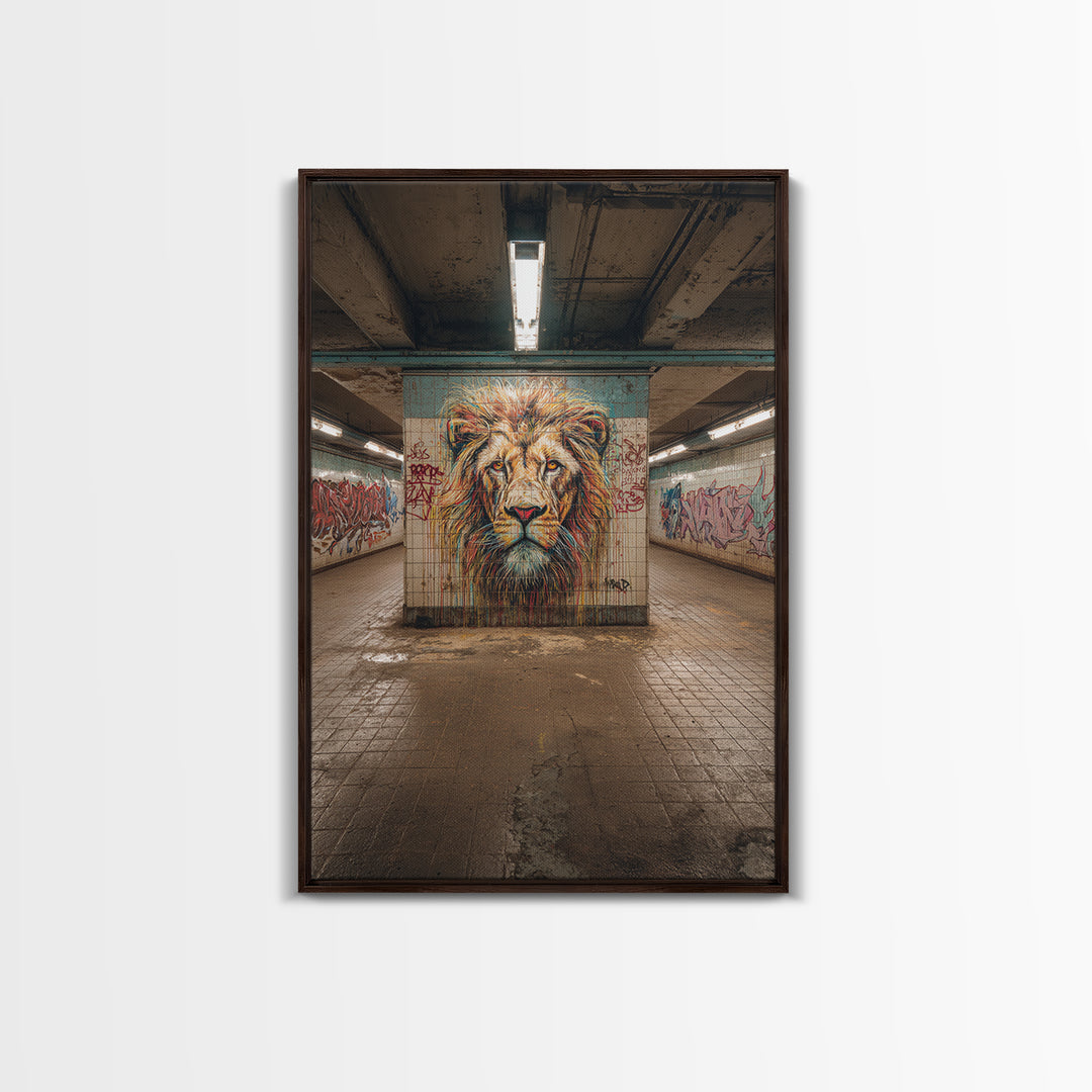 Powerful Lion Portrait Street Art Mural In Urban Tunnel Photography Wall Art Canvas Print For Bold Home Decor