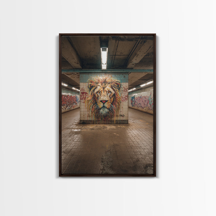 Powerful Lion Portrait Street Art Mural In Urban Tunnel Photography Wall Art Canvas Print For Bold Home Decor