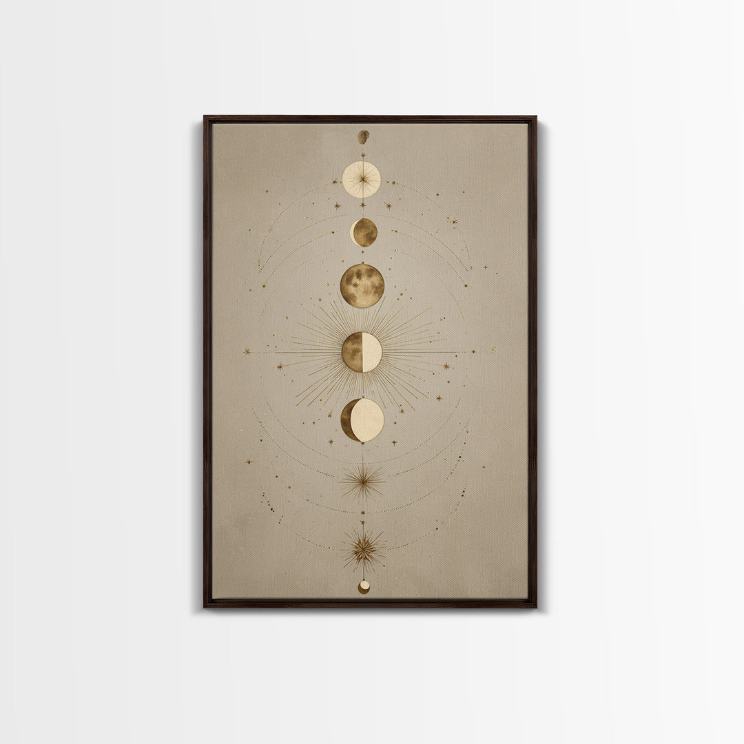 Gold Moon Phases Celestial Wall Art, Mystical Astrology Canvas Print, Boho Lunar Decor For Bedroom Or Meditation Room Decor