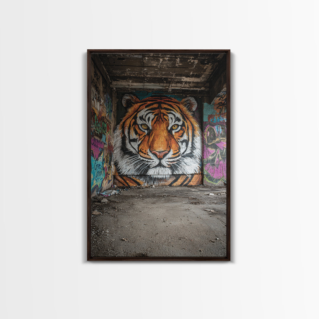 Vibrant Tiger Mural Street Art Urban Wall Art Perfect Framed Canvas Print For Eclectic Living Room Decor Or Gift