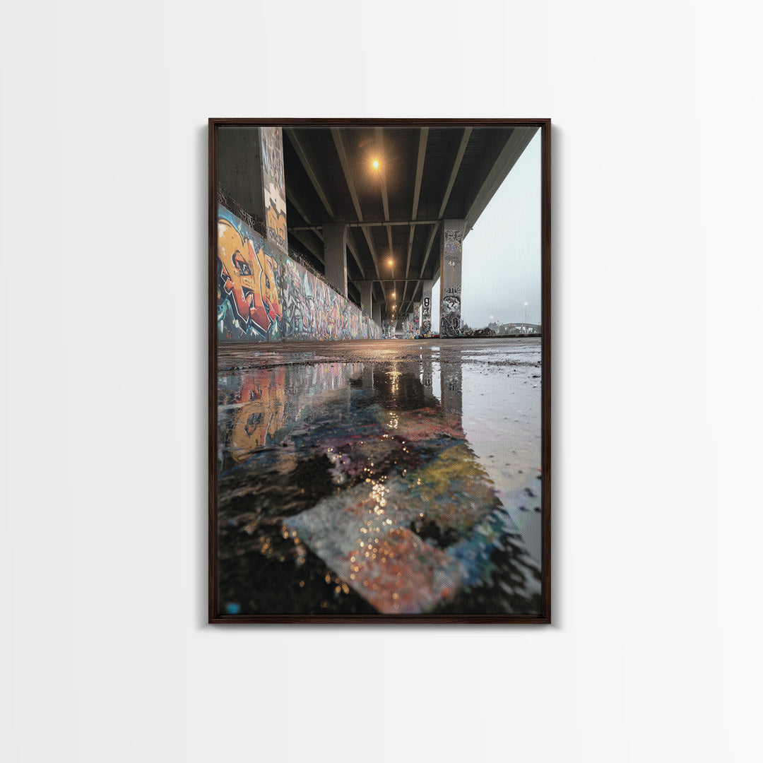Urban Street Art Graffiti Under Bridge Reflected In Water Puddles Downtown Photographic Wall Art