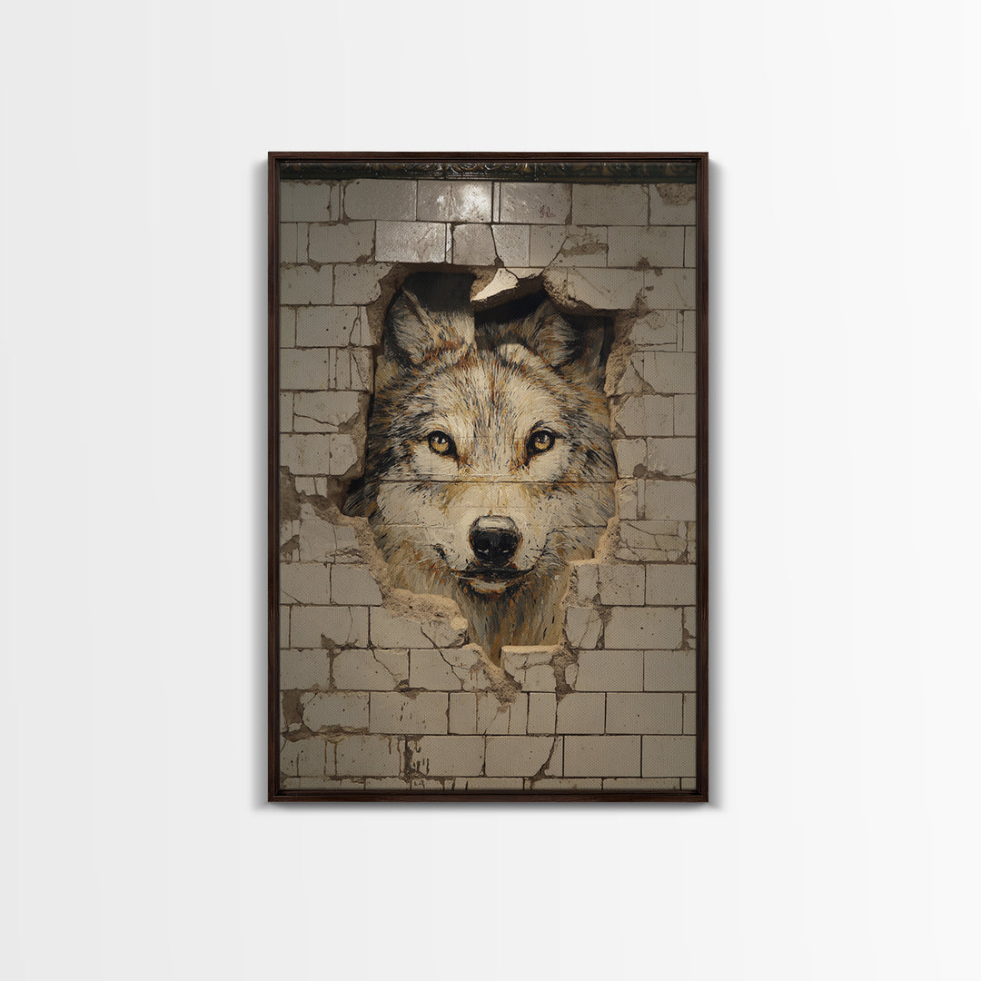 Lion Portrait Painted On Broken Wall Tiles Urban Street Art Mural Wall Art Framed Canvas Print For Edgy Home Decor