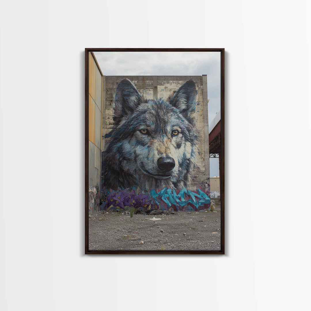 Massive Wolf Mural Graffiti On Urban Wall Featuring Detailed Animal Portrait Vibrant Street Art Print