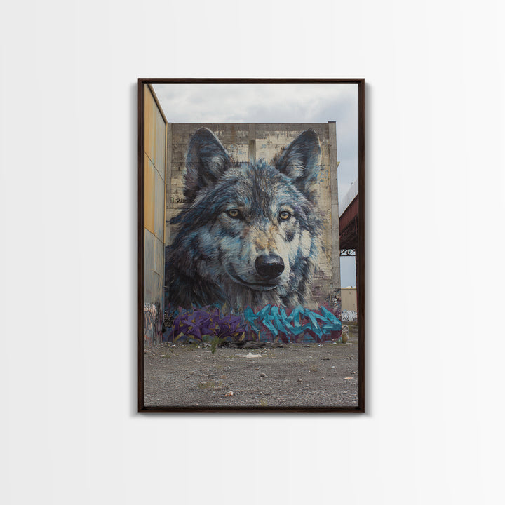Massive Wolf Mural Graffiti On Urban Wall Featuring Detailed Animal Portrait Vibrant Street Art Print