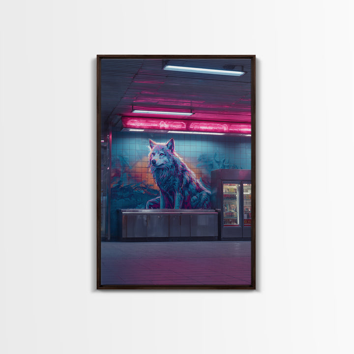 Urban Neon Cityscape With Wolf Mural Vibrant Street Art Wall Art Contemporary Wall Decor Canvas Print For Modern Living Room