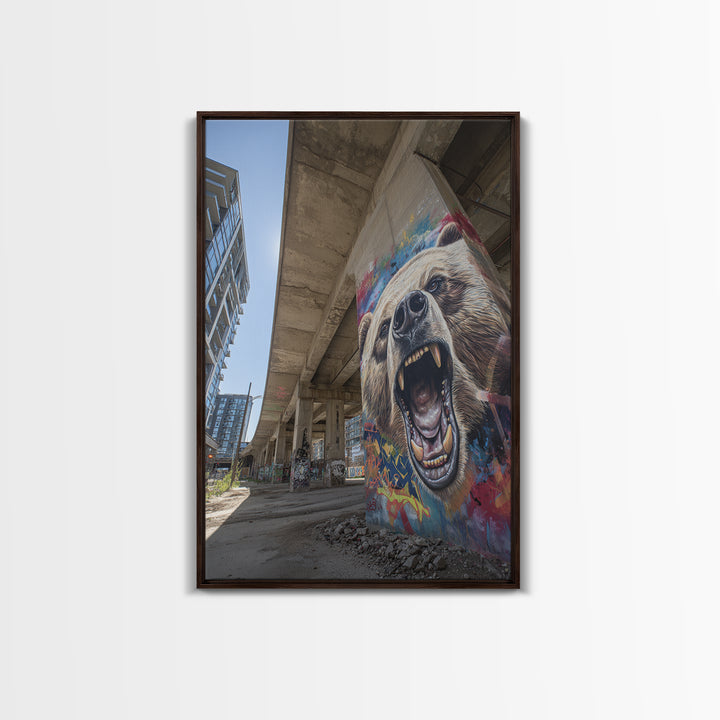 Roaring Grizzly Bear Graffiti Mural Under Concrete Bridge Wall Art For Man Cave And Urban Home Decor
