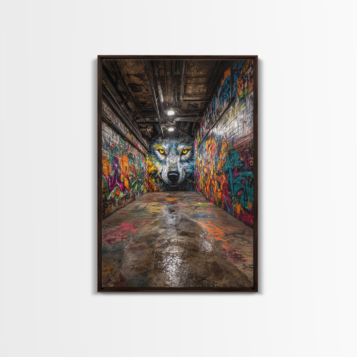 Colorful Wolf Graffiti Street Art Urban Wall Art Print Home Decor Vibrant Alley Framed Canvas Print