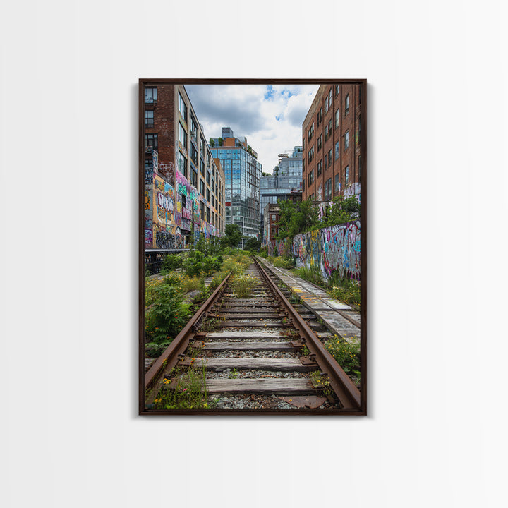 Urban Overgrown Railway Track Between Graffiti Walls In City - Contemporary Wall Art Canvas Print For Modern Decor