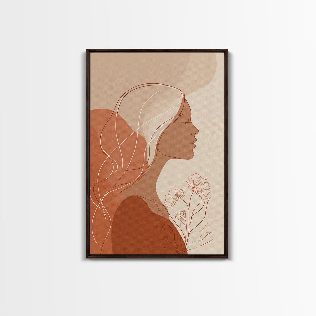 Minimalist Woman Profile With Flowers Wall Art, Terracotta Line Art Canvas Print, Feminine Boho Bedroom Decor Gift For Her
