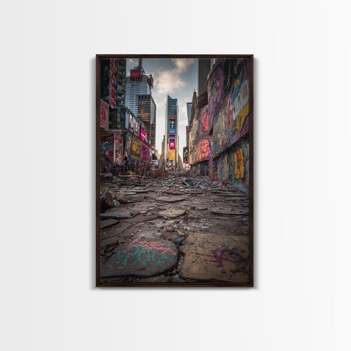 Post Apocalyptic Times Square Urban Ruins Photography Wall Art Print With Graffiti And Debris For Modern Home And Office Decor