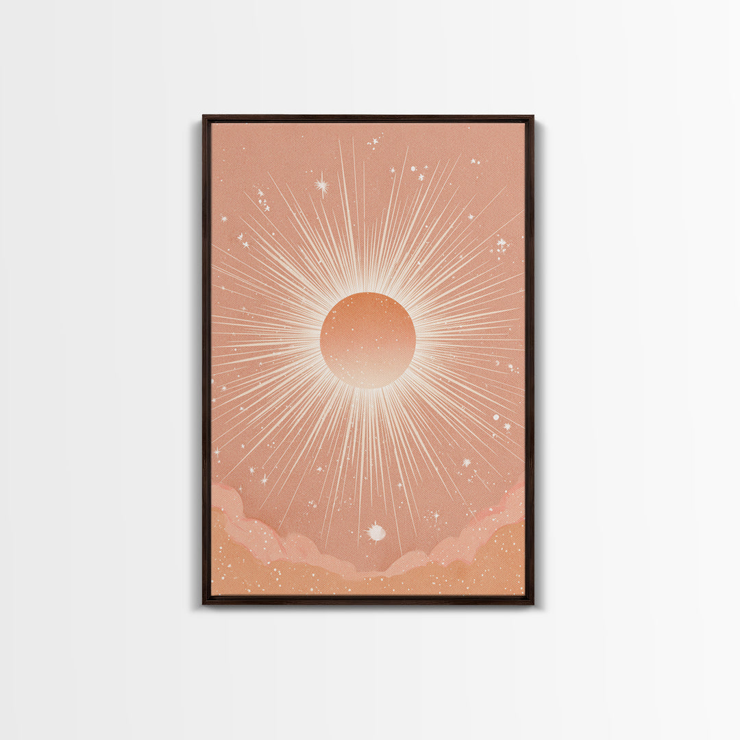 Radiant Peach Sunburst Celestial Wall Art, Boho Sun And Moon Art Print, Warm Neutral Bedroom Decor, Gift For Her, Modern Home Decor