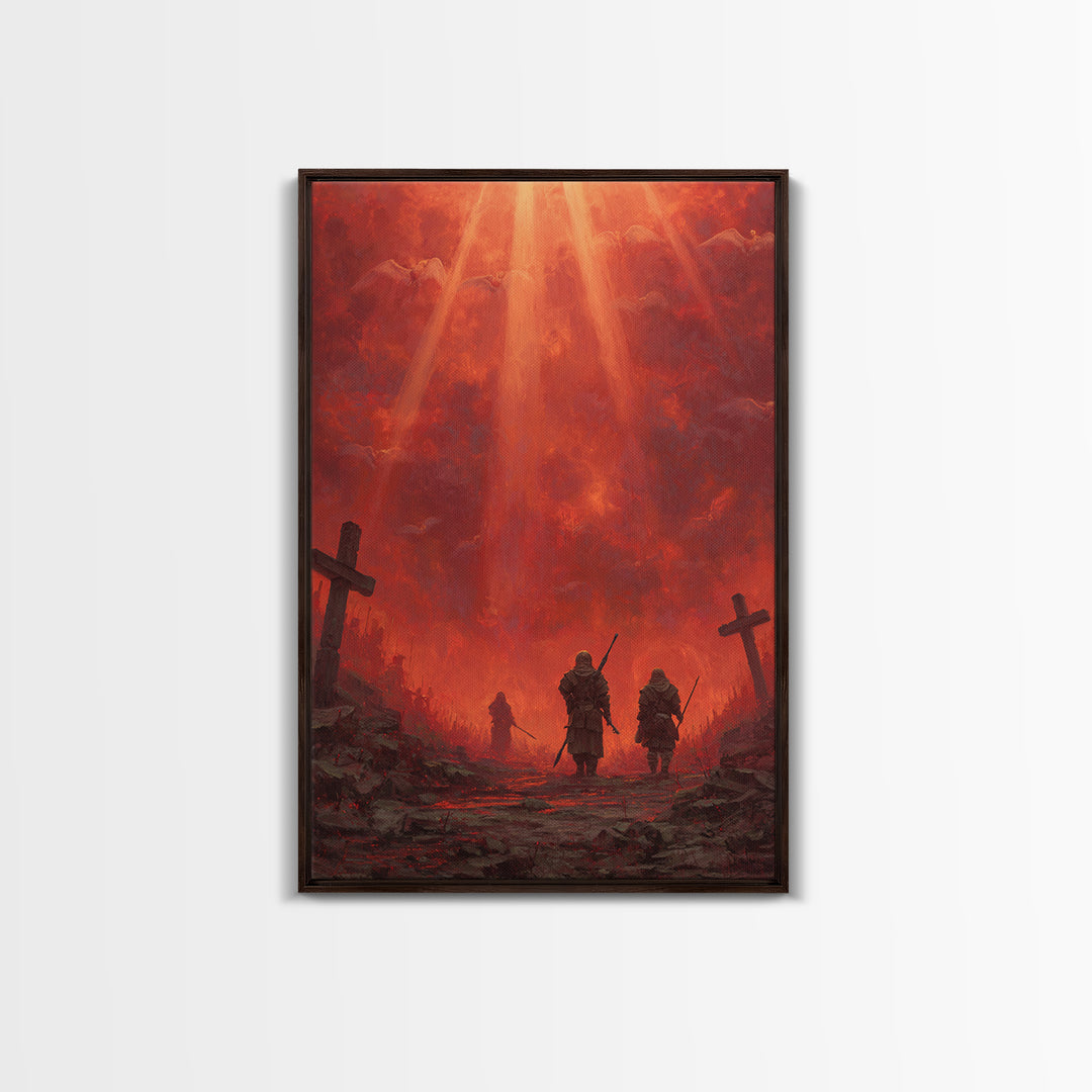 Fiery Red Apocalypse Scene With Warriors And Crosses Dramatic Fantasy Art Canvas Print Perfect Statement Wall Art For Home Decor